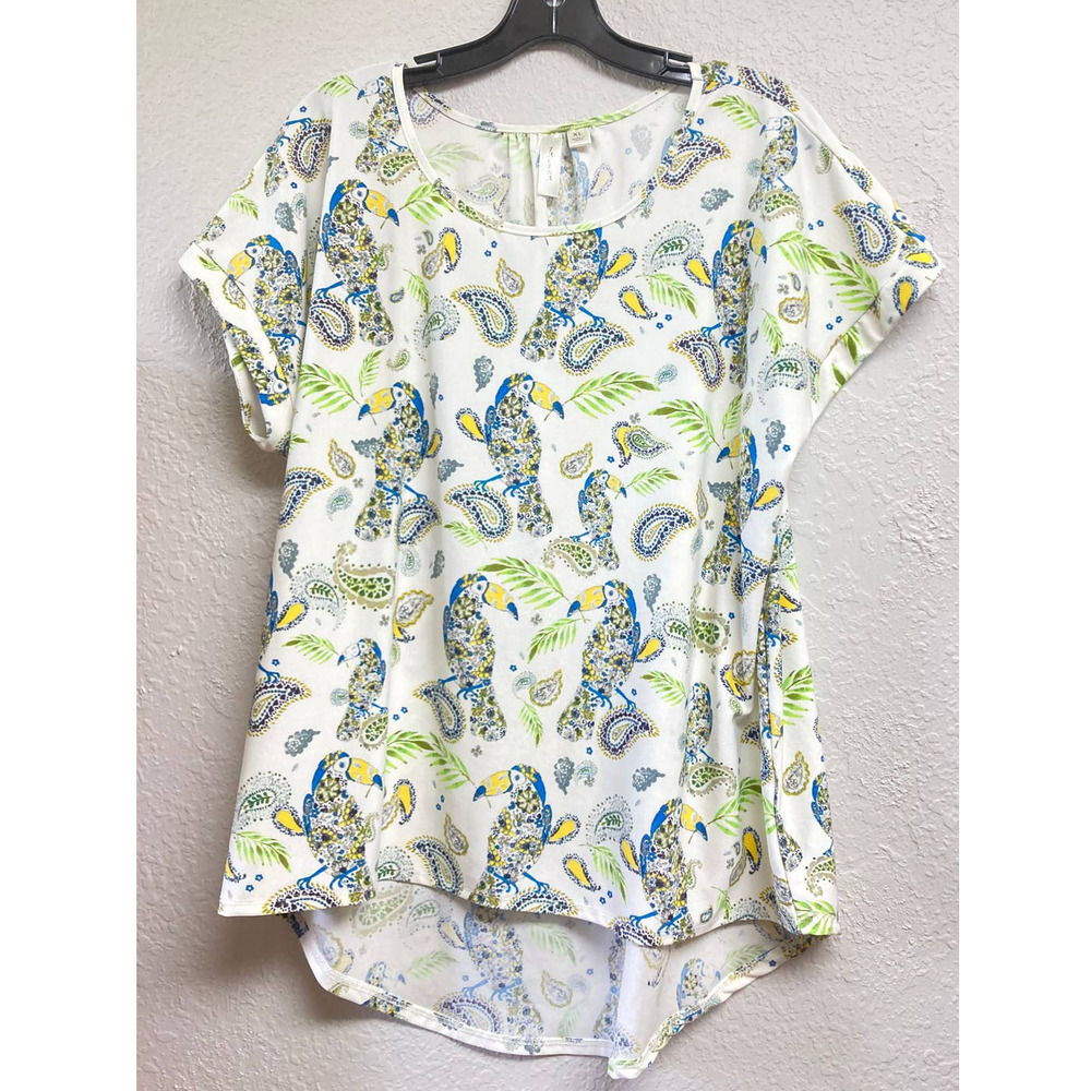 Tacera Pretty Short Sleeve Womens Blouse Parrots & Leaves Size XL